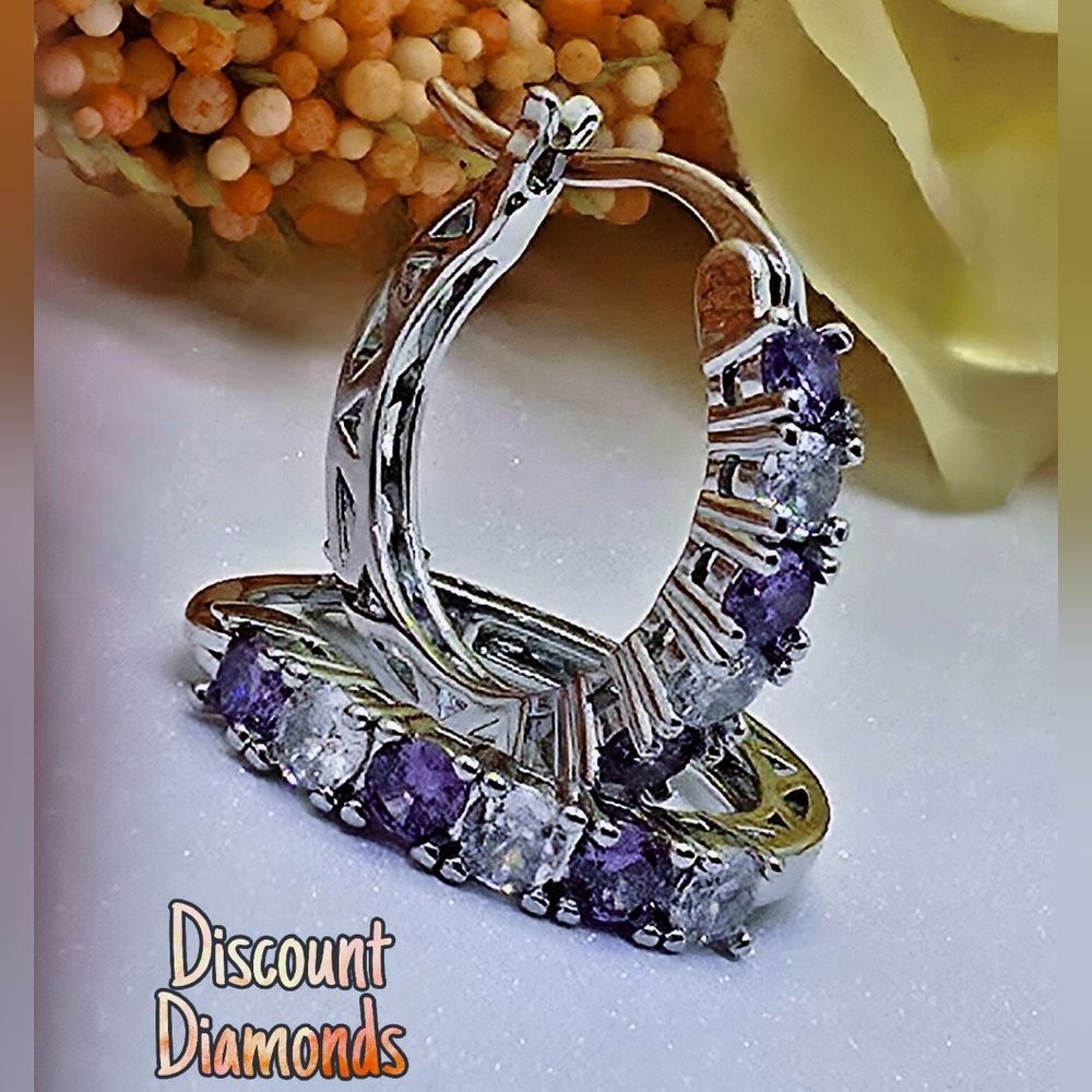 Purple & White 2.20 Ct. Sapphire Hoop Earrings 14K White Gold on Silver 925